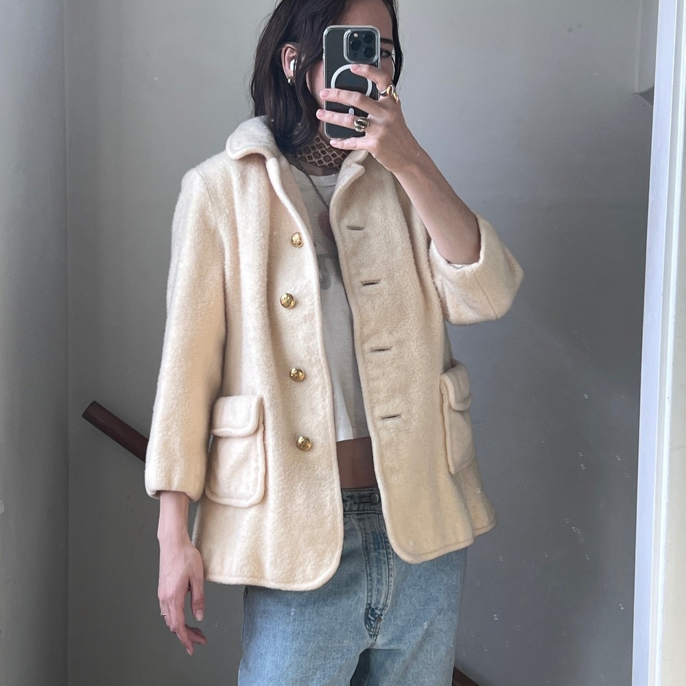 Vintage Wool Mohair Coat Cream Gold Button Textured Fuzzy Mod MCM Glam